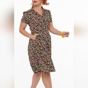 1950's Black And Multicolor Floral Print Dress